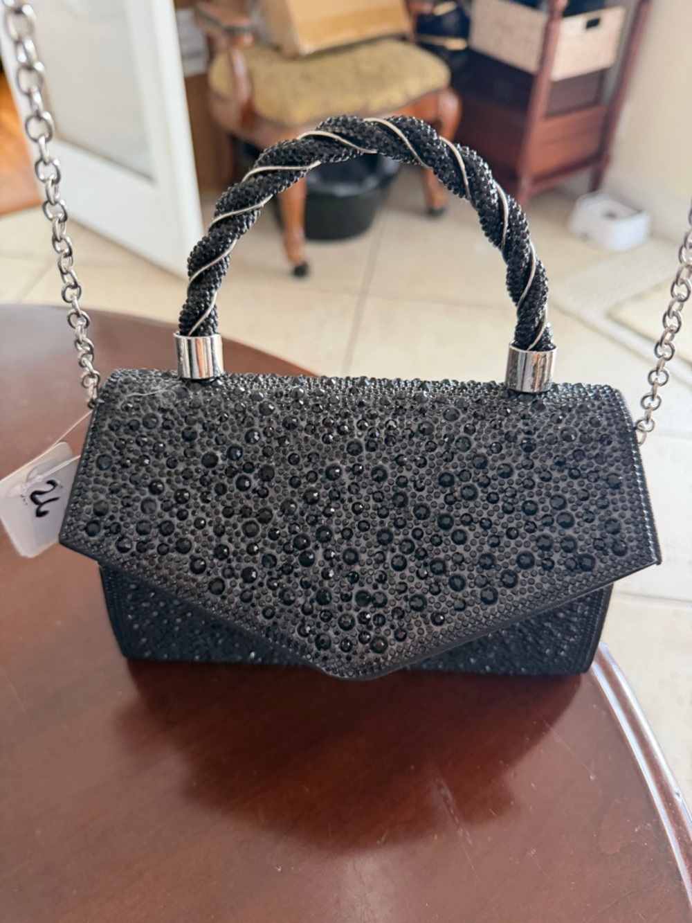 Black Embellished Evening Top-Handle Bag with Chain
